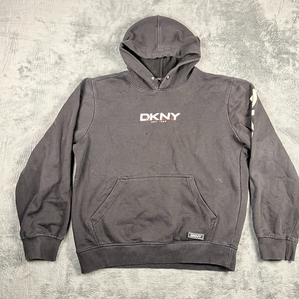Dkny Hoodie Mens Medium Black Graphic Print Kangaroo Pockets Logo Relaxed Fit